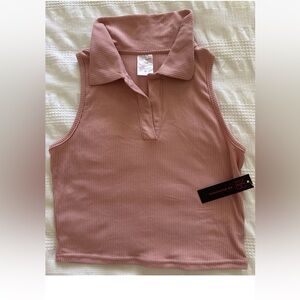 NO BOUNDARIES Crop Top Size S-(3-5) Pink Collared Ribbed Tank Women’s Shirt NWT